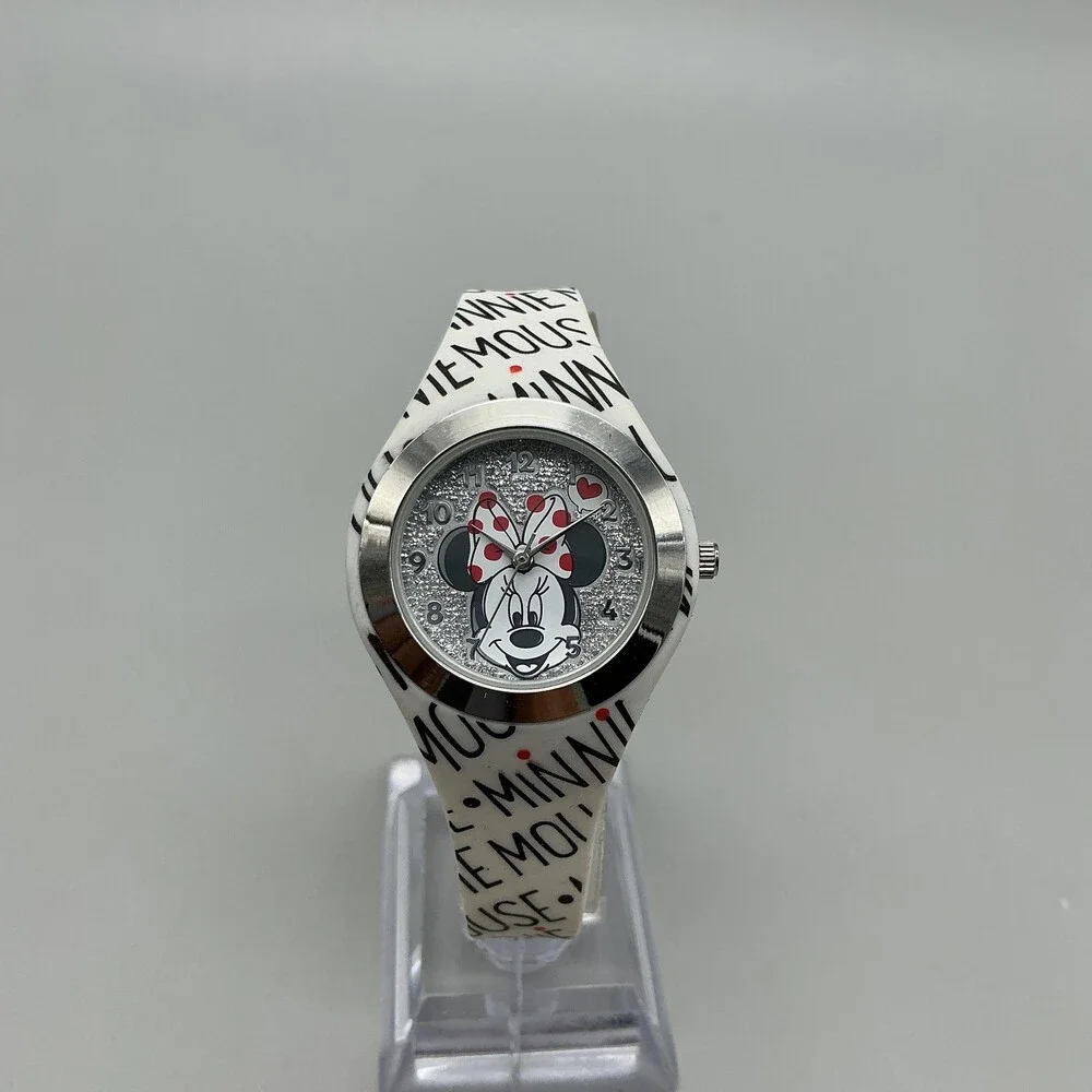Disney Girls Watch 31mm Silver Tone Minnie Mouse Silicone MN1680BKL New Battery